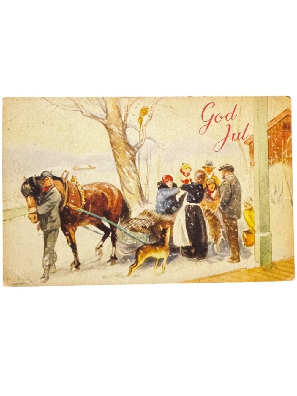 Vintage Norwegian "God Jul" Christmas Postcard 1950s G. Gjerding Art Sent To USA